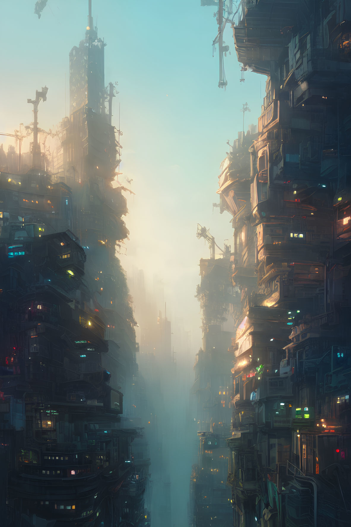 Futuristic cityscape with towering, haphazard structures in golden light