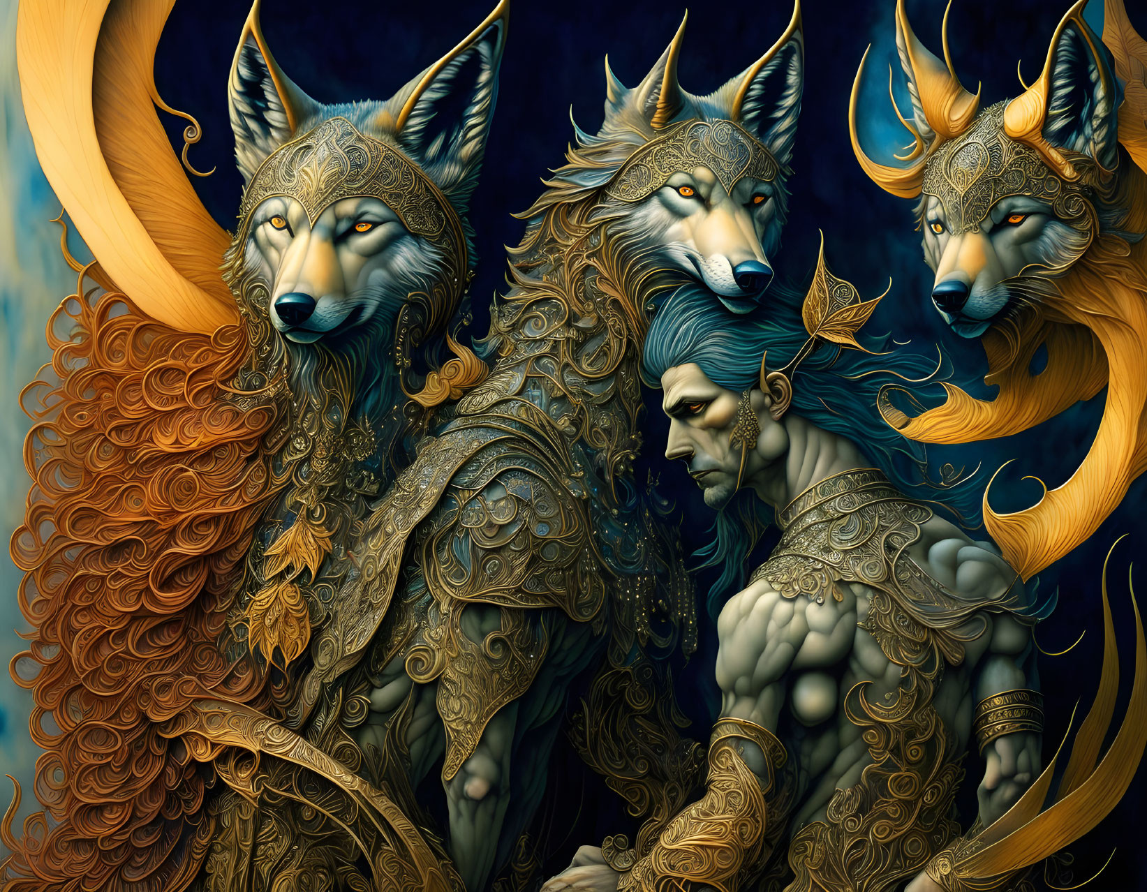 Digital Artwork: Majestic Anthropomorphic Wolves in Golden Headdresses