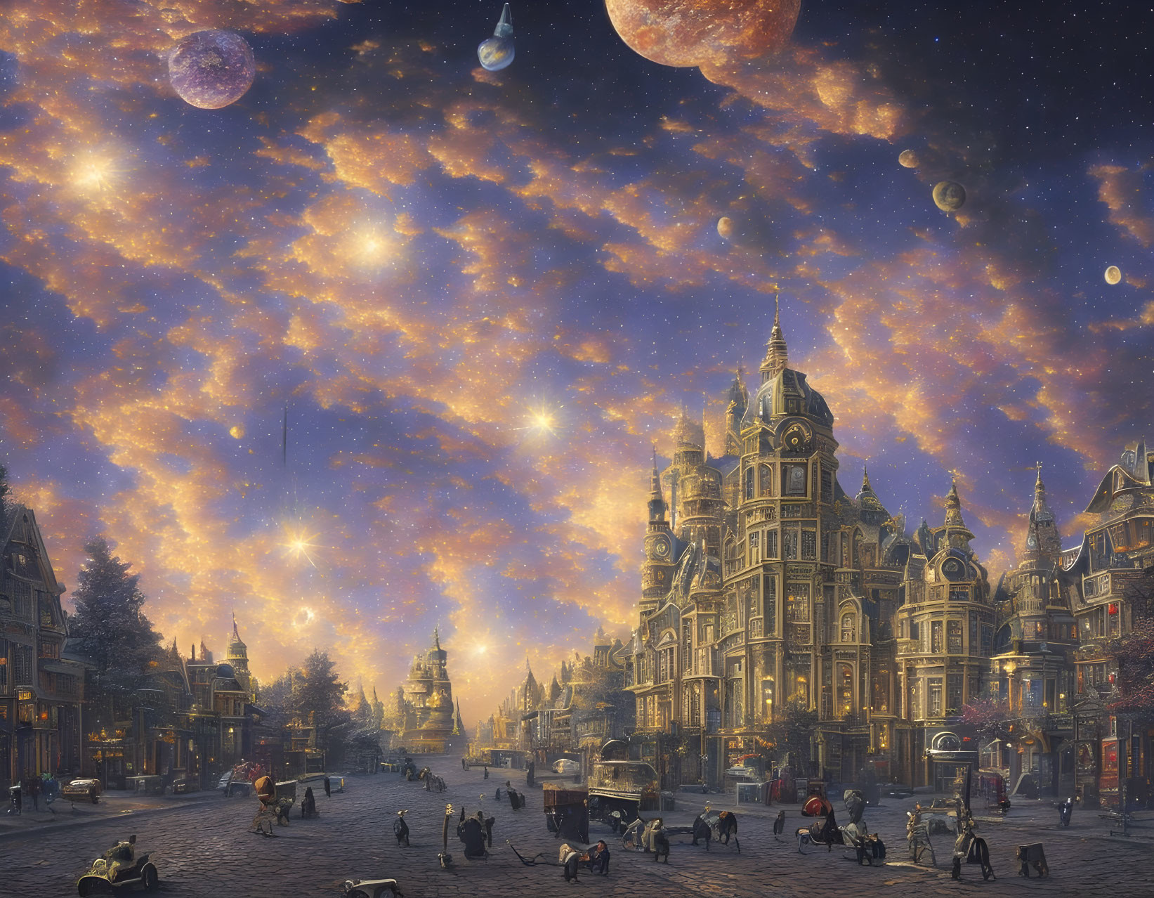 Victorian-style buildings on cobblestone street under fantasy sky