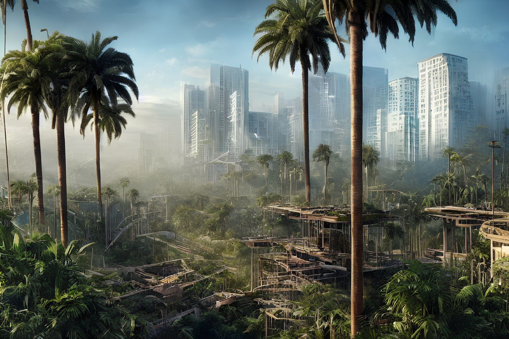 Overgrown futuristic cityscape with dilapidated buildings and palm trees