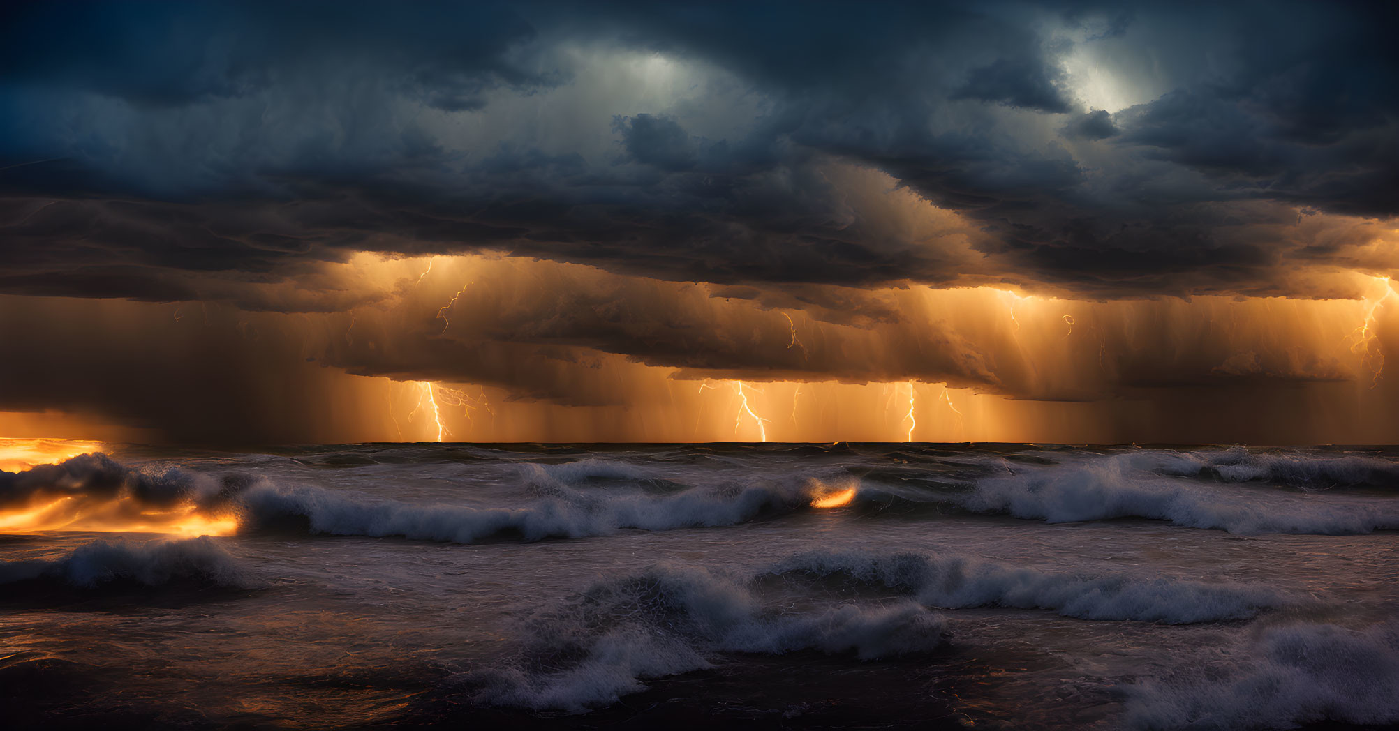 Stormy Seascape with Lightning Strikes and Turbulent Ocean Waves