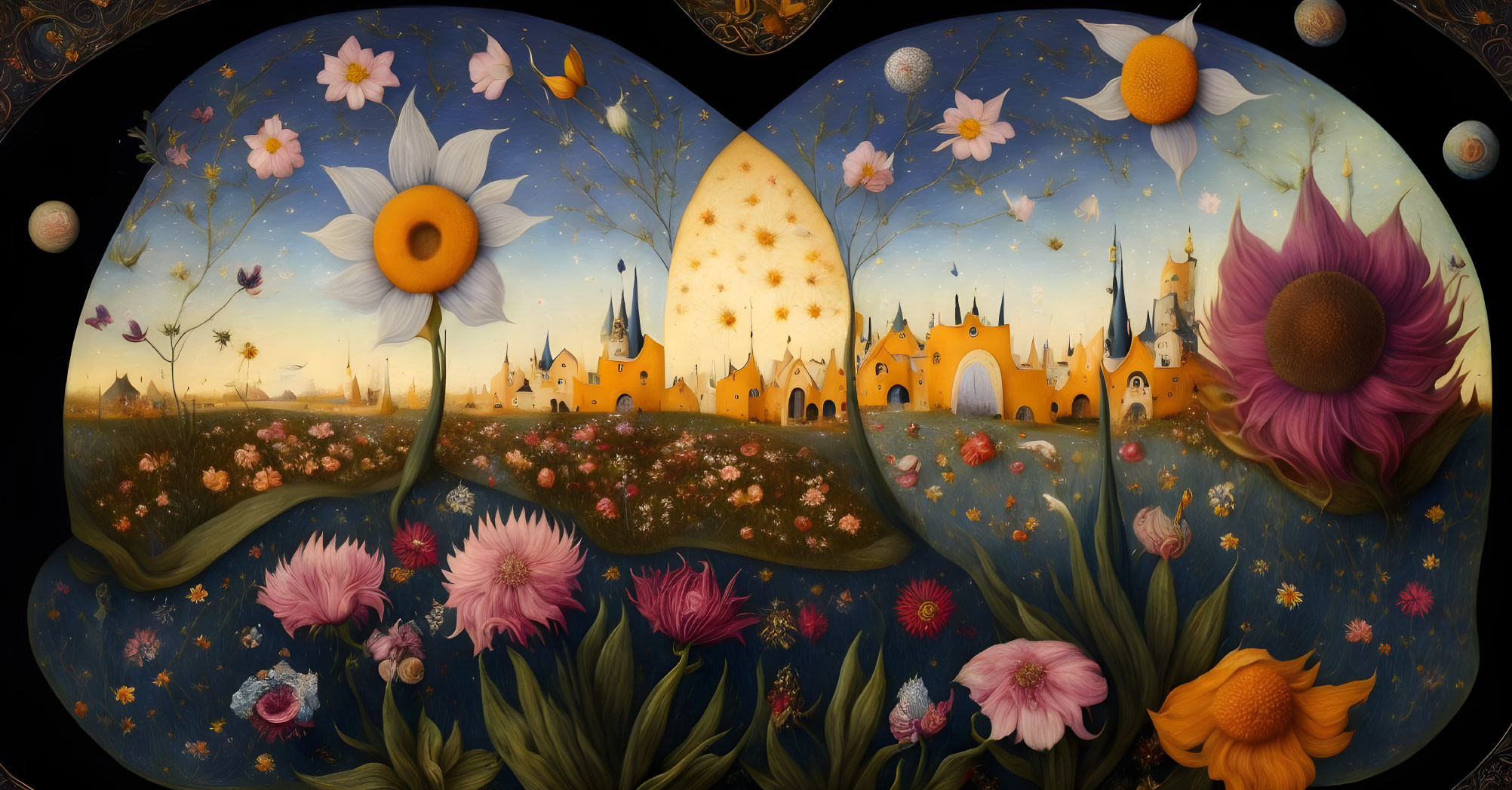 Panoramic fantasy landscape with oversized vibrant flowers and whimsical castle