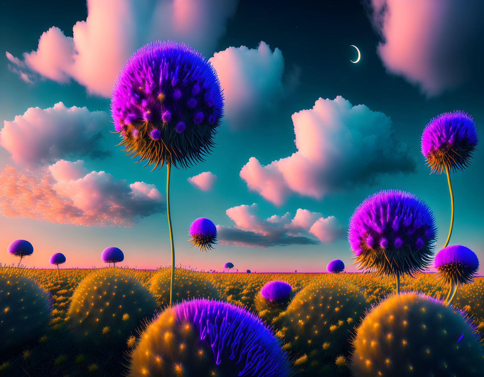 Surreal landscape: oversized purple dandelions, glowing bulbs, twilight sky.