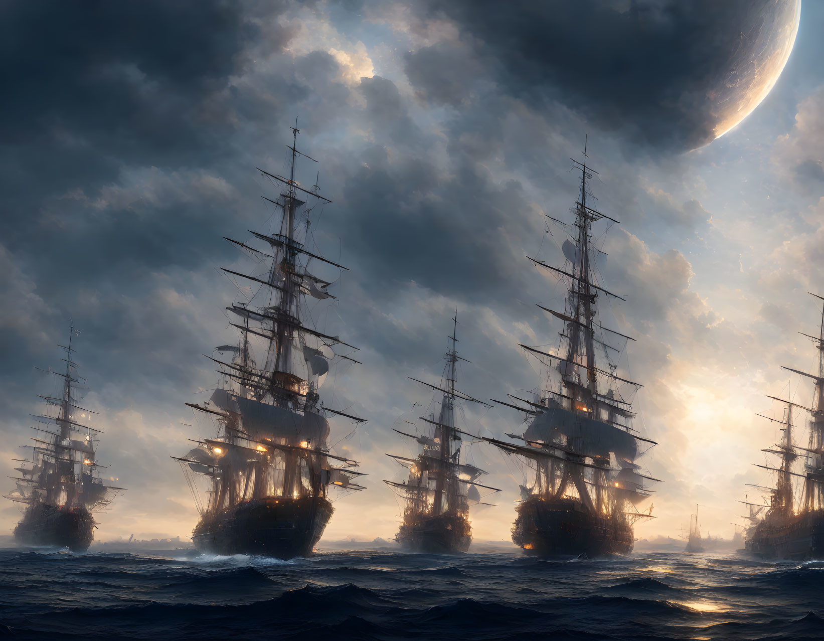 Twilight ocean scene: tall ships with lit lanterns under stormy sky