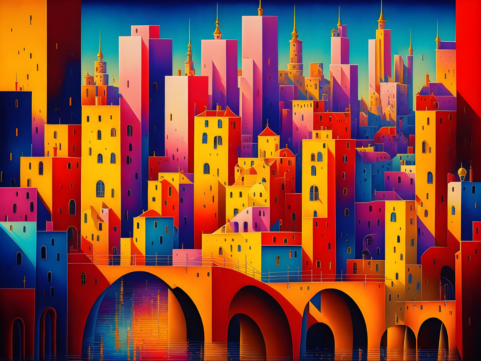 Colorful Geometric Cityscape with Arched Bridges Reflected in Water