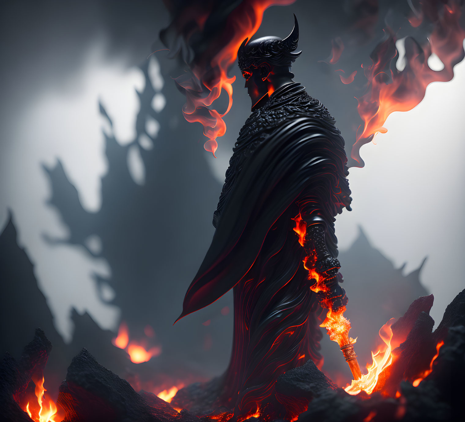 Sinister horned figure in fiery volcanic landscape