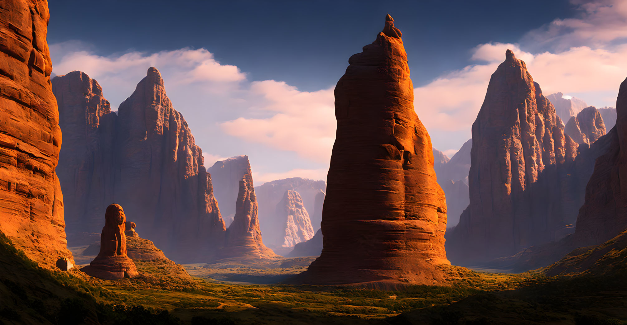 Majestic desert landscape with towering red rock formations