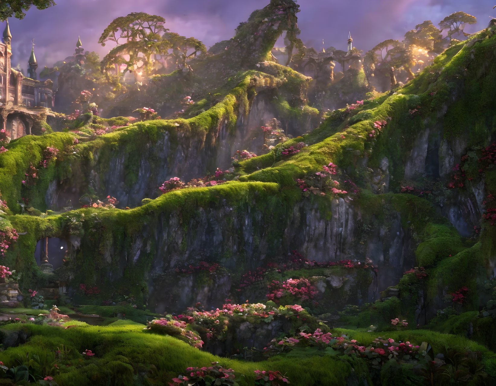 Lush Green Cliffs, Pink Flowers, and Mystical Castle in Twilight Forest