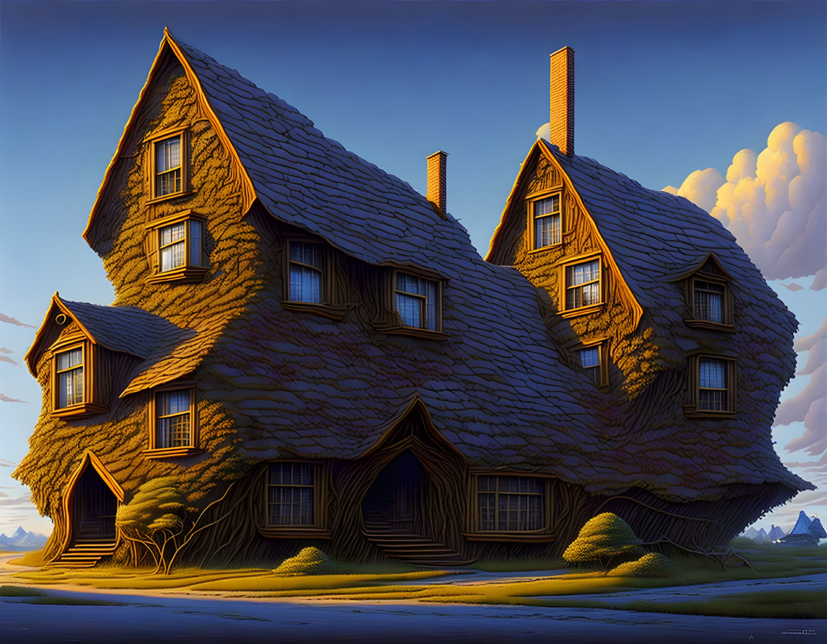 Crooked house with gabled roofs in twilight sky