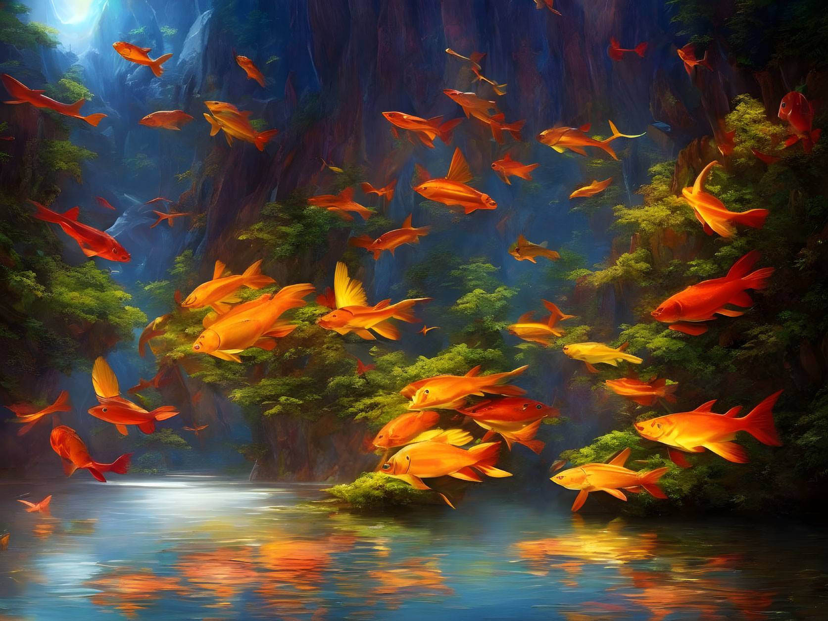 Orange Fish Swimming in Blue River with Sunrays and Forest Scene