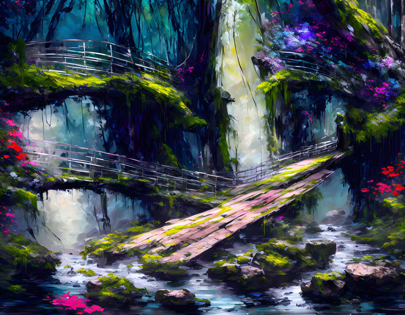 Ethereal forest scene with rustic wooden bridge and misty waterfall