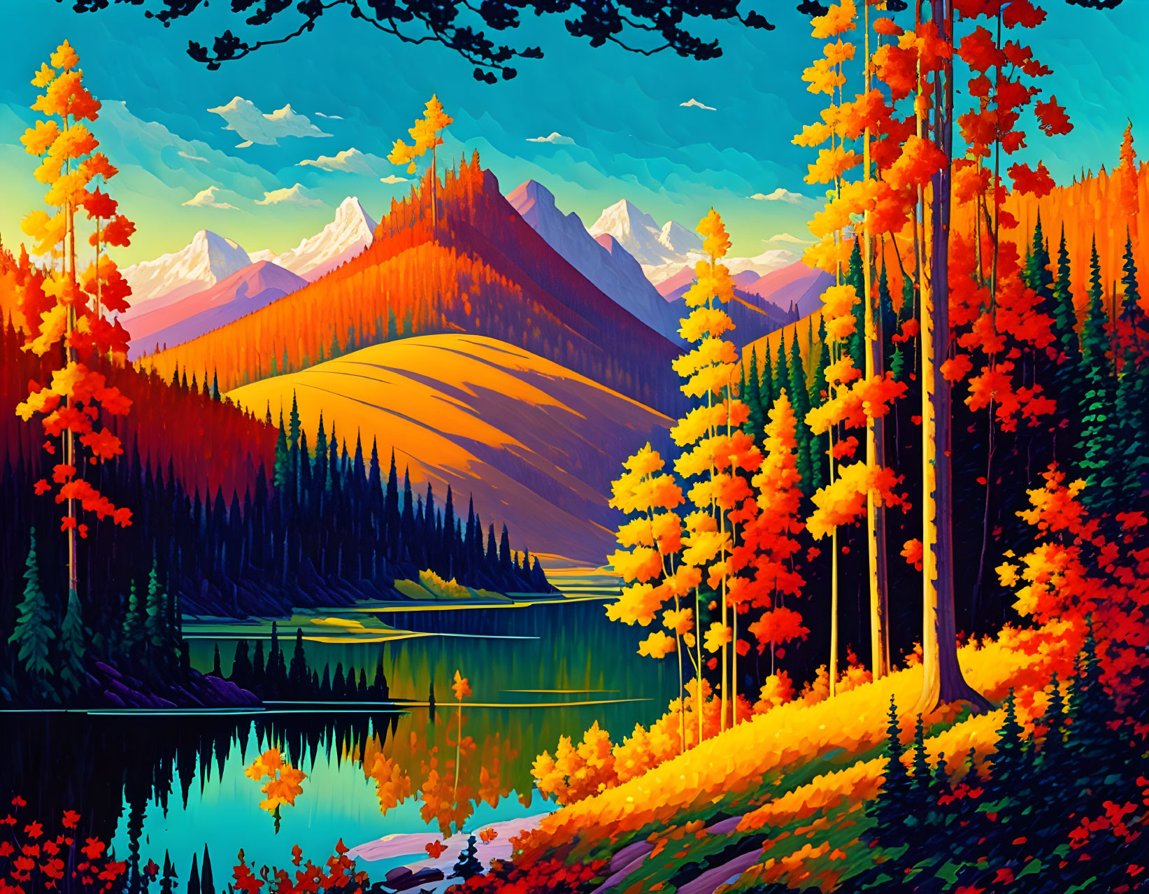 Scenic autumn landscape with lake, colorful foliage, forests, and mountains