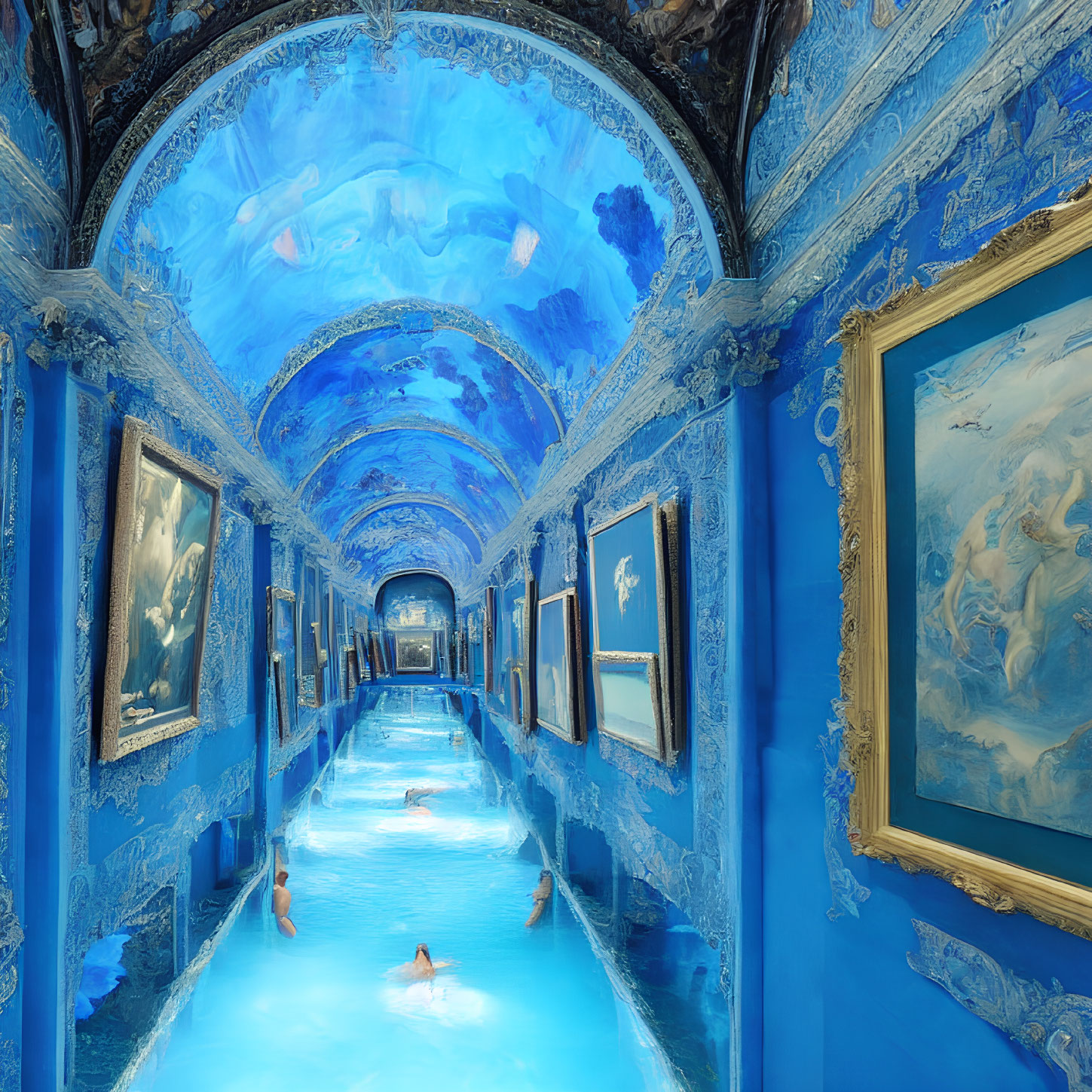 Ornate blue hallway transformed into surreal underwater scene