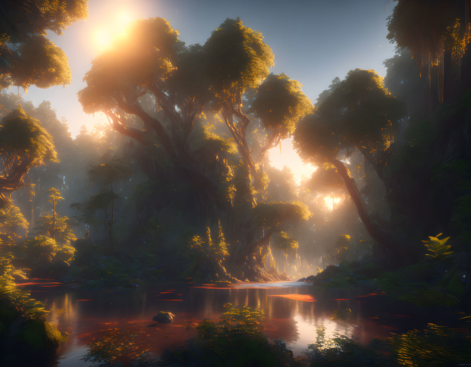 Tranquil forest river scene with sunlight filtering through canopy