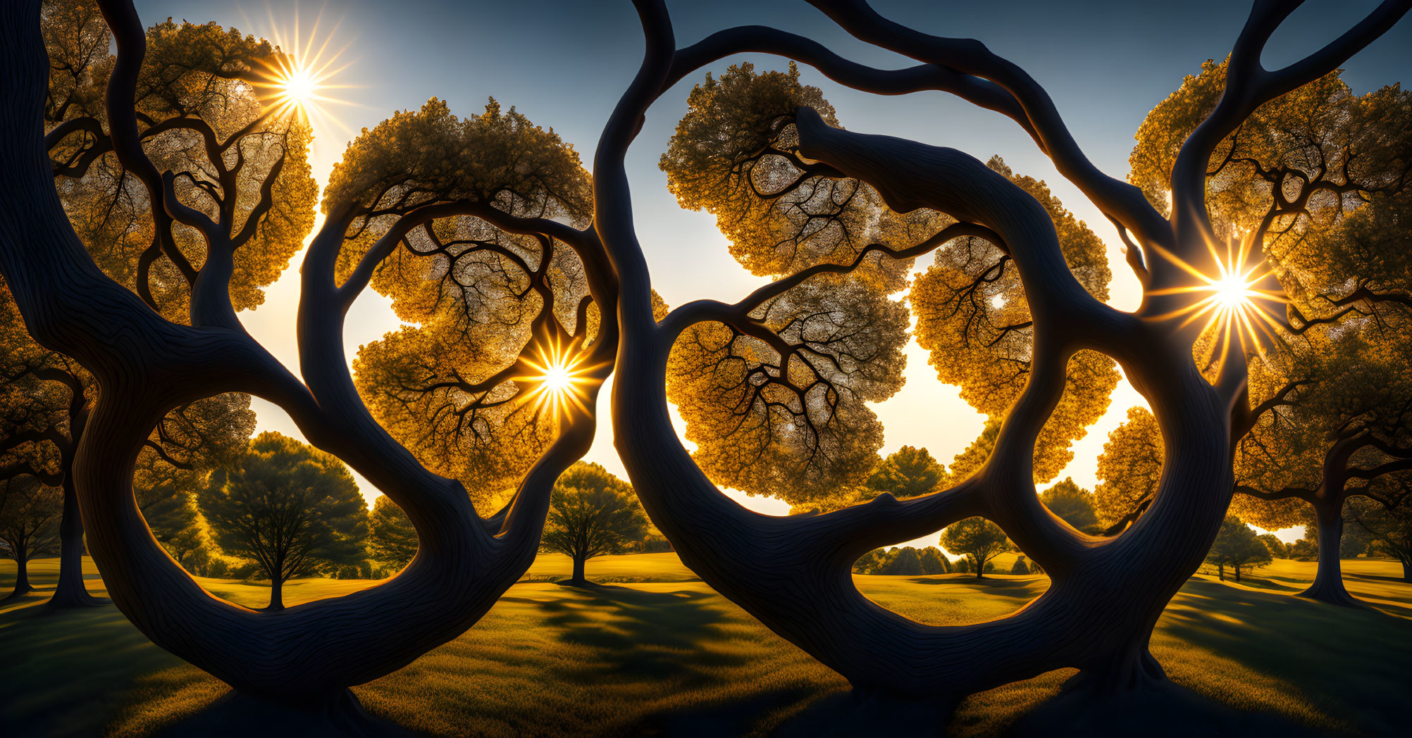 Symmetrical sunset park scene with tree silhouettes and sun peeking through