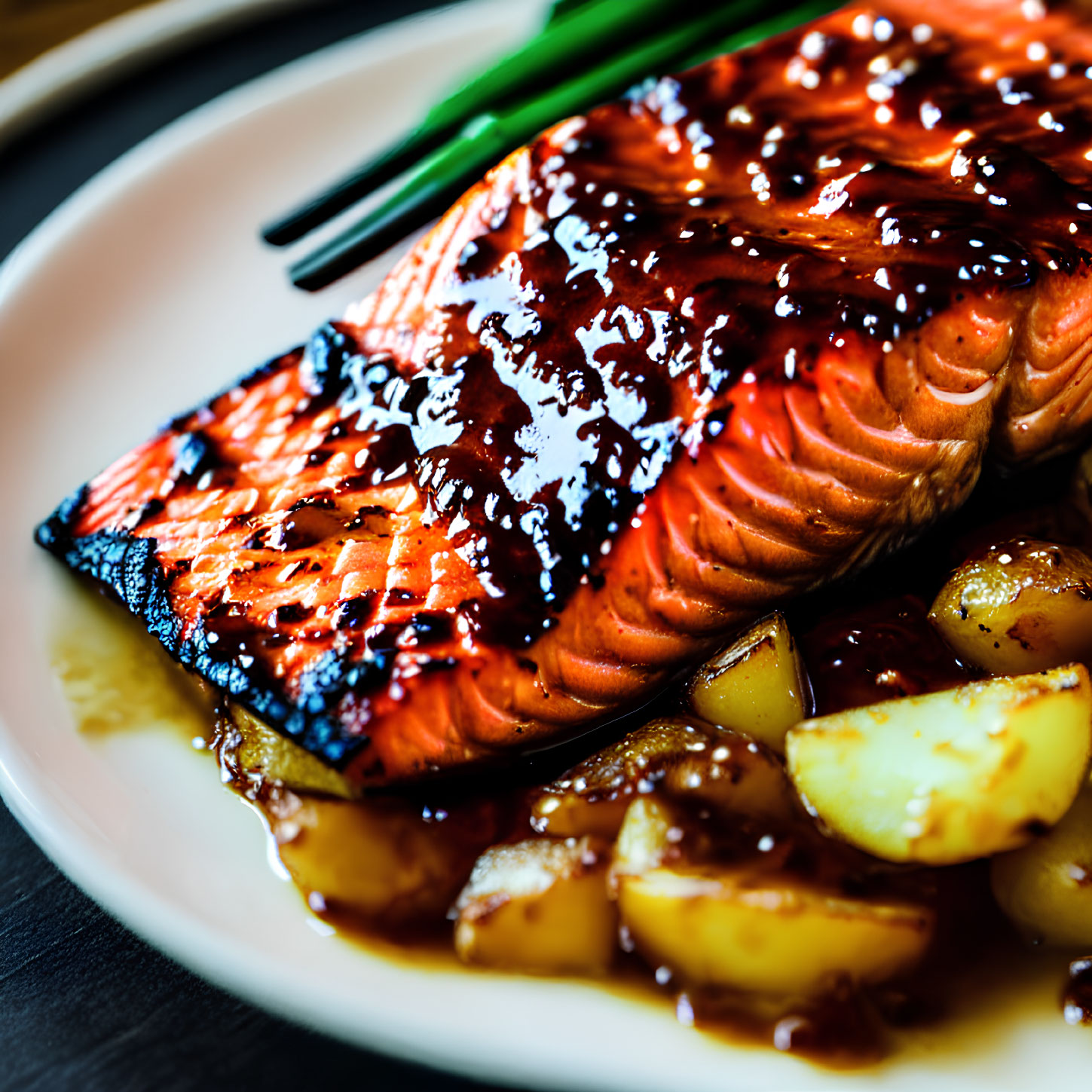 Succulent Grilled Salmon Fillet with Teriyaki Glaze on White Plate