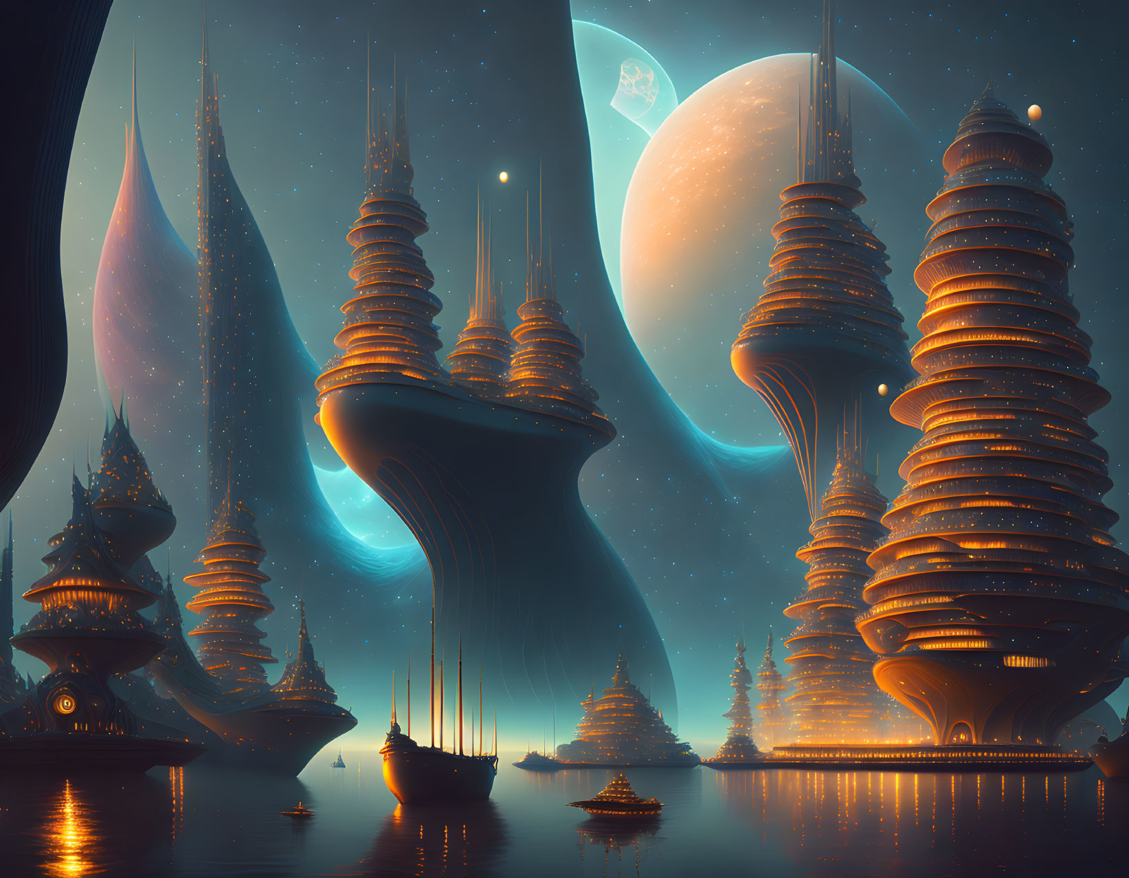 Futuristic sci-fi cityscape with moon, stars, boats, and warm glow