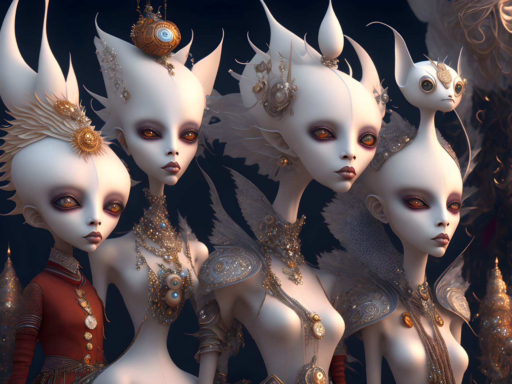 Pale-Skinned Beings with Golden Eyes and Ornate Headpieces