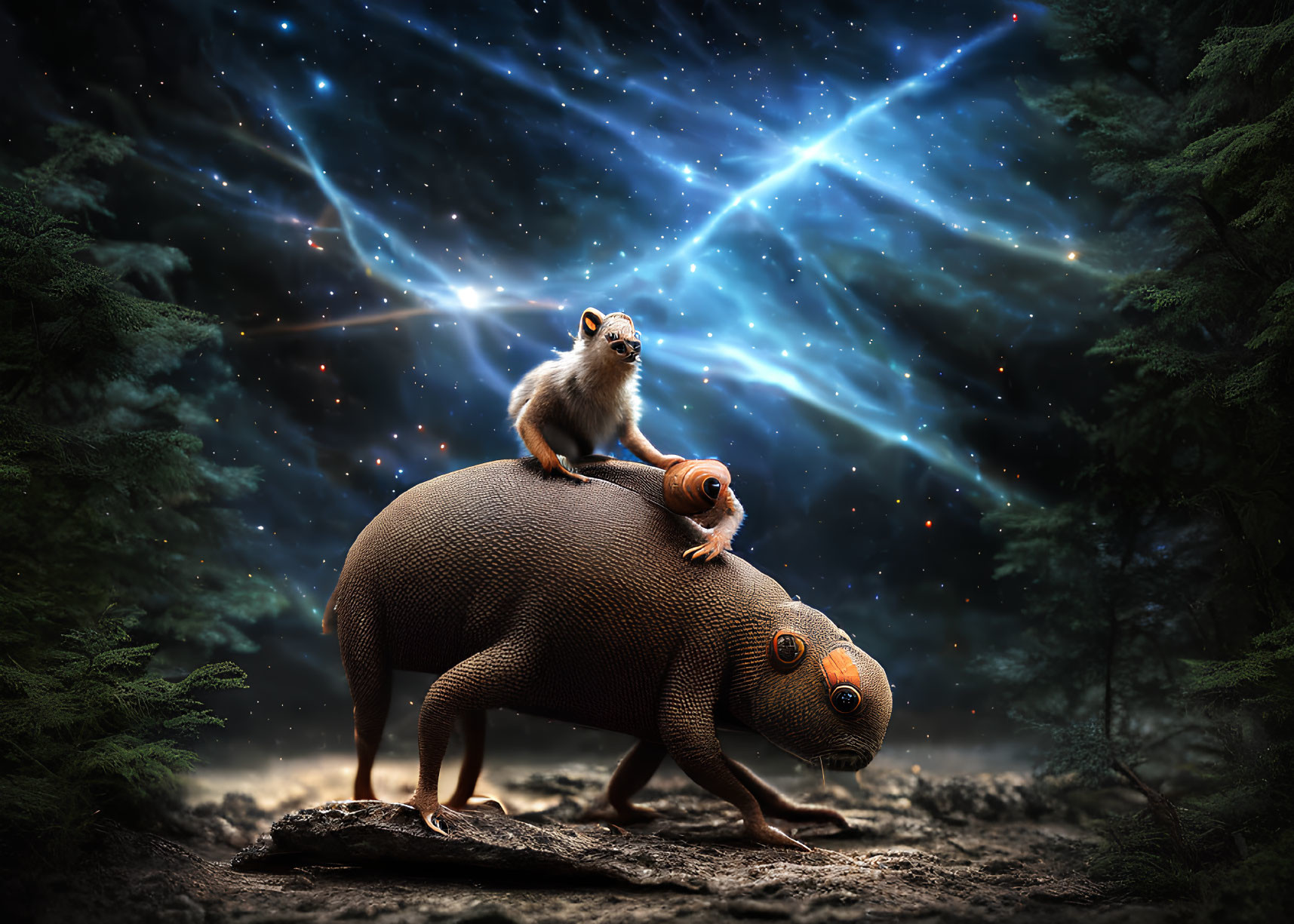 Armadillo with two creatures under starry night sky.