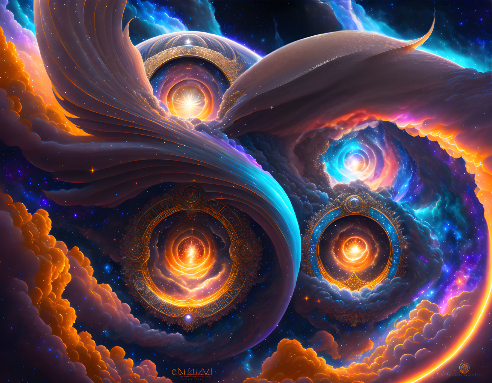 Cosmic digital artwork with swirling elements in starry space