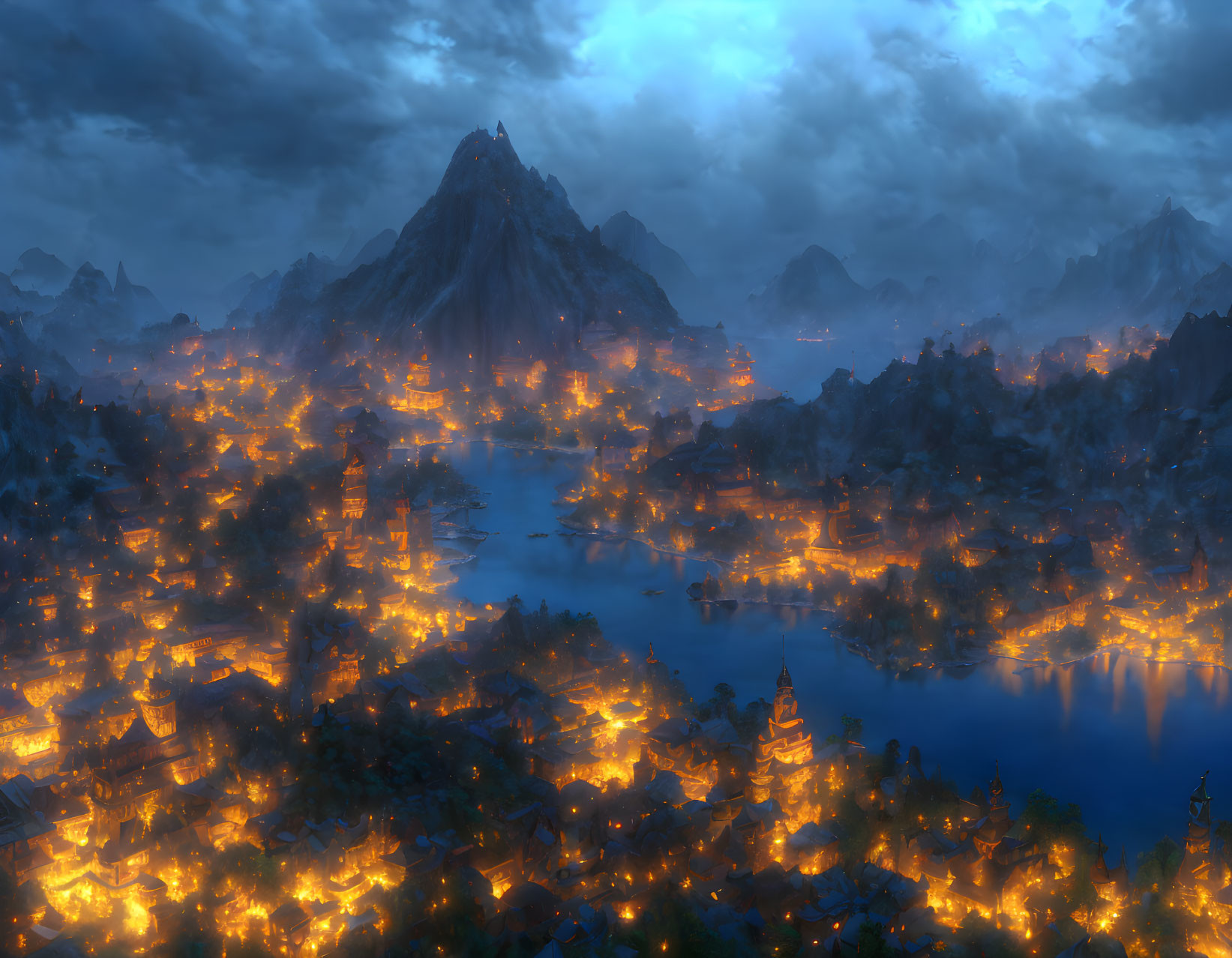 Fantasy landscape at dusk with glowing lights in mountainous lakeside settlement