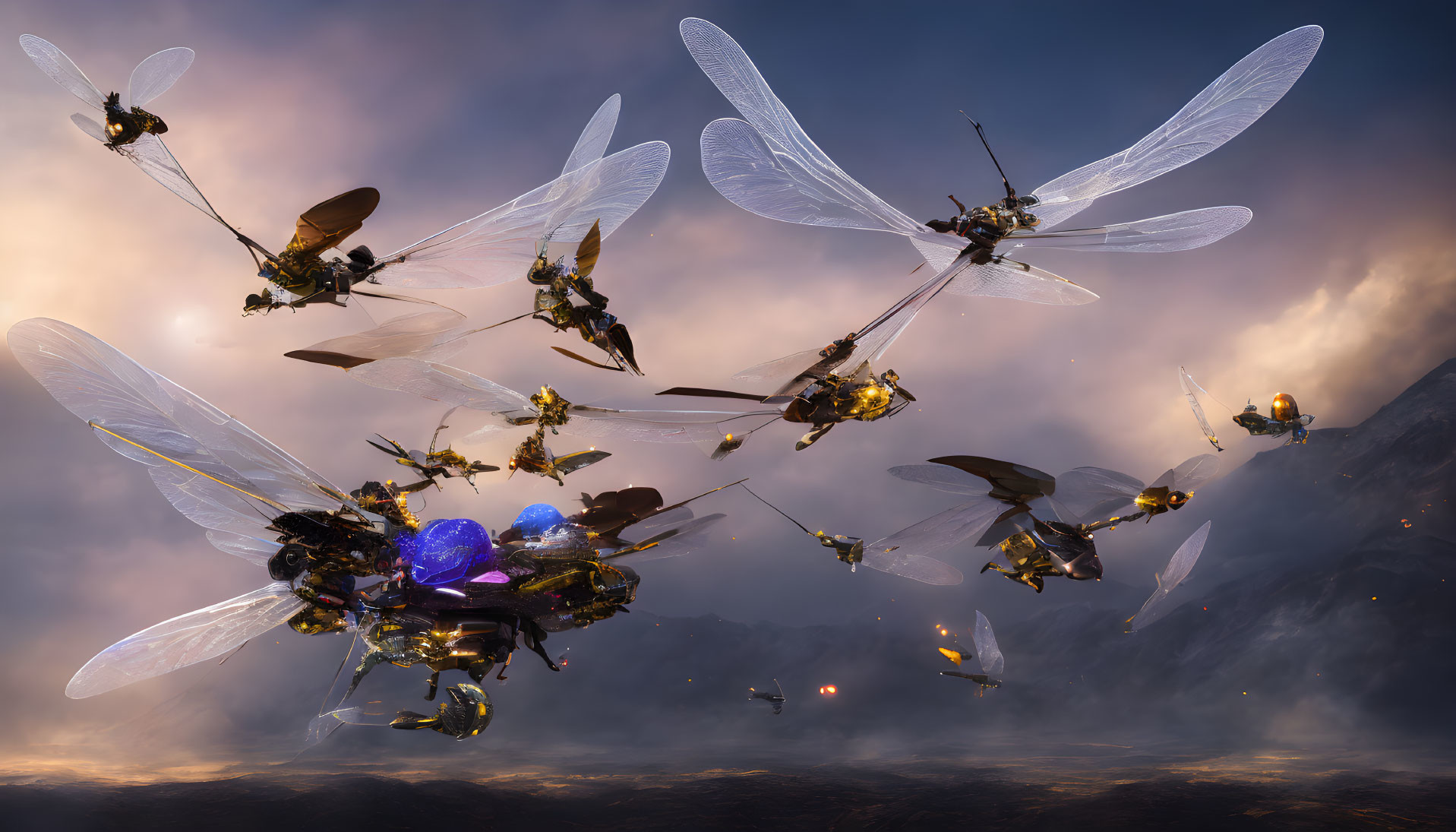 Futuristic robotic bees with glistening wings in moody skies