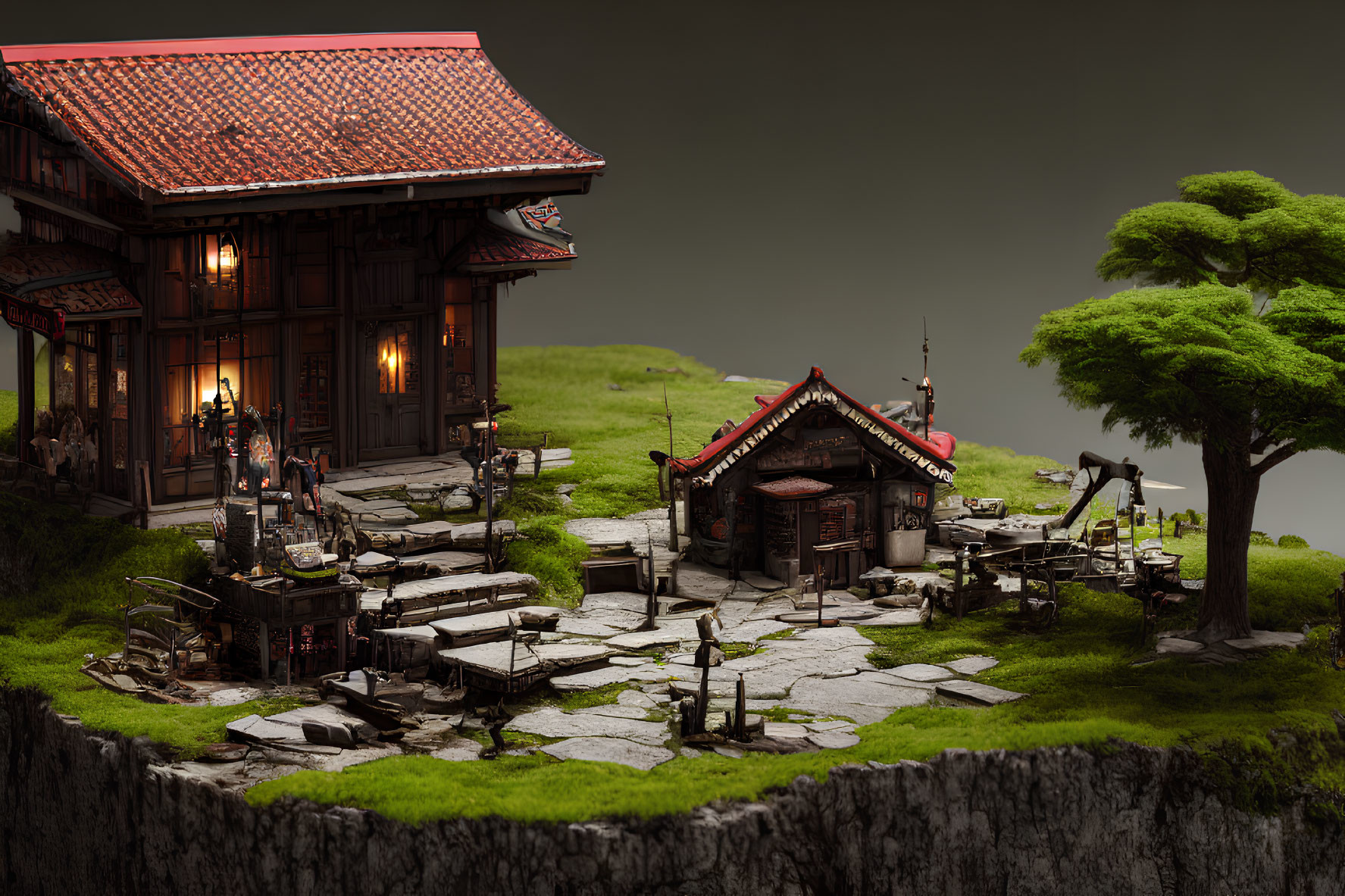 Detailed miniature model of traditional Japanese village scene with house, shrine, and small structures in nature.