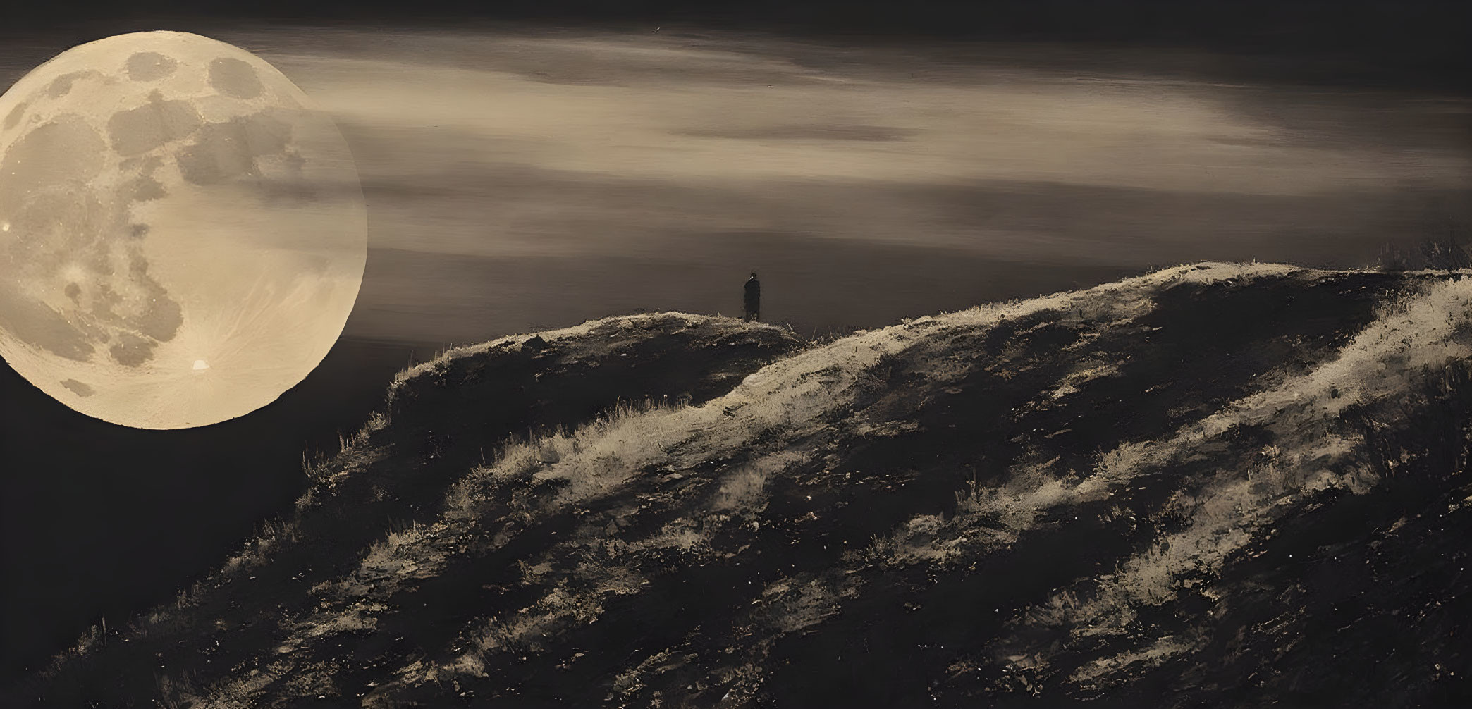 Solitary figure under luminous full moon on hill at night