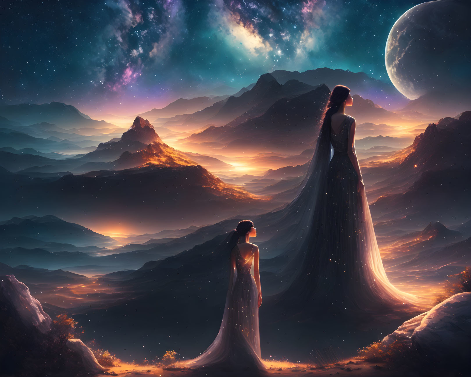 Silhouetted figures in flowing dresses in dreamy landscape with mountains and starry sky