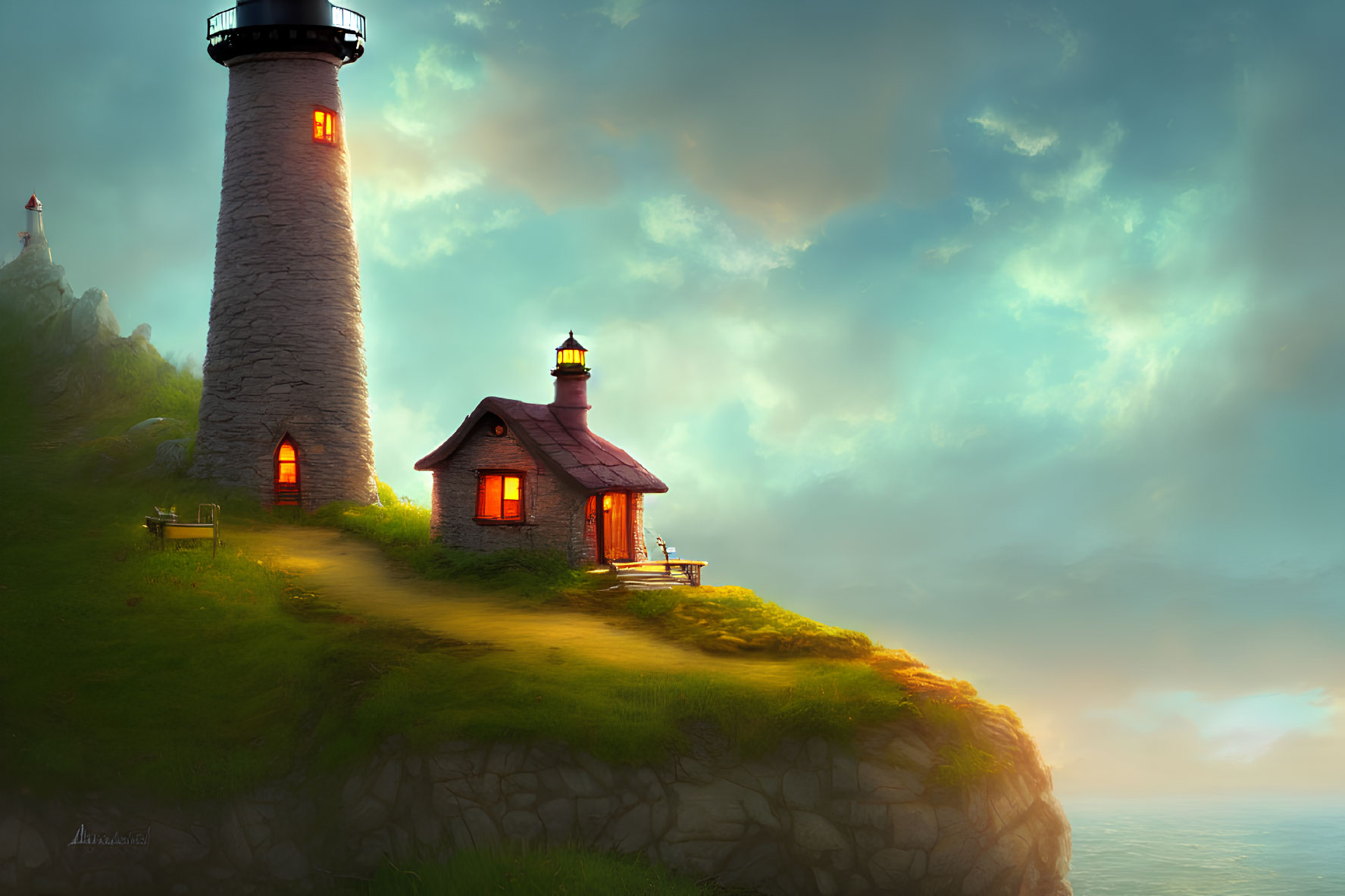 Tranquil digital artwork: lighthouse on cliff with cottage at sunset