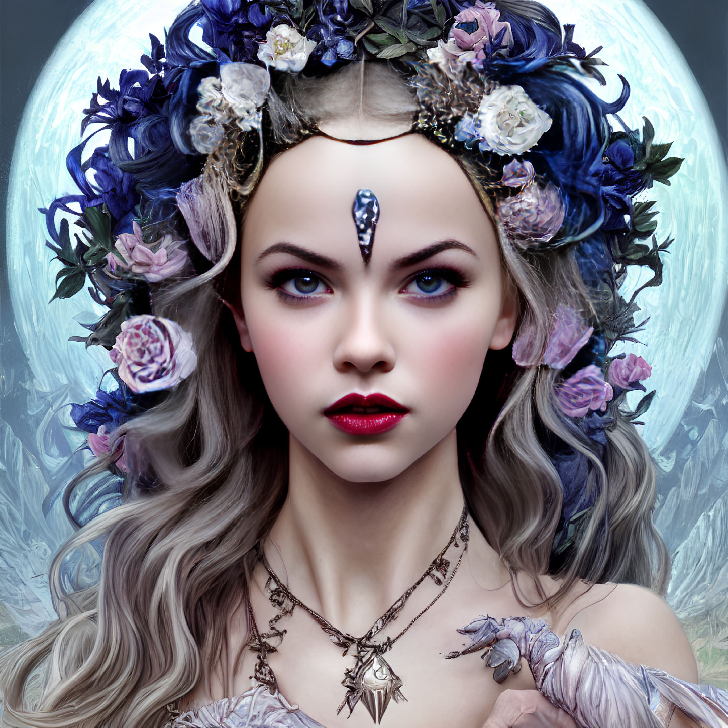 Portrait of Woman with Floral Crown and Mystical Jewelry Against Moody Floral Backdrop