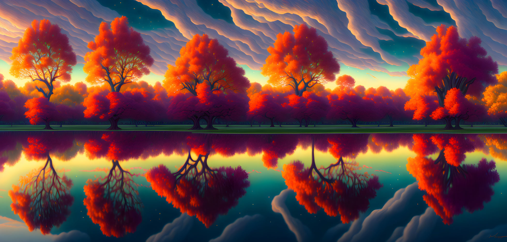 Fiery red-orange foliage landscape with dramatic sky and stars reflected in water