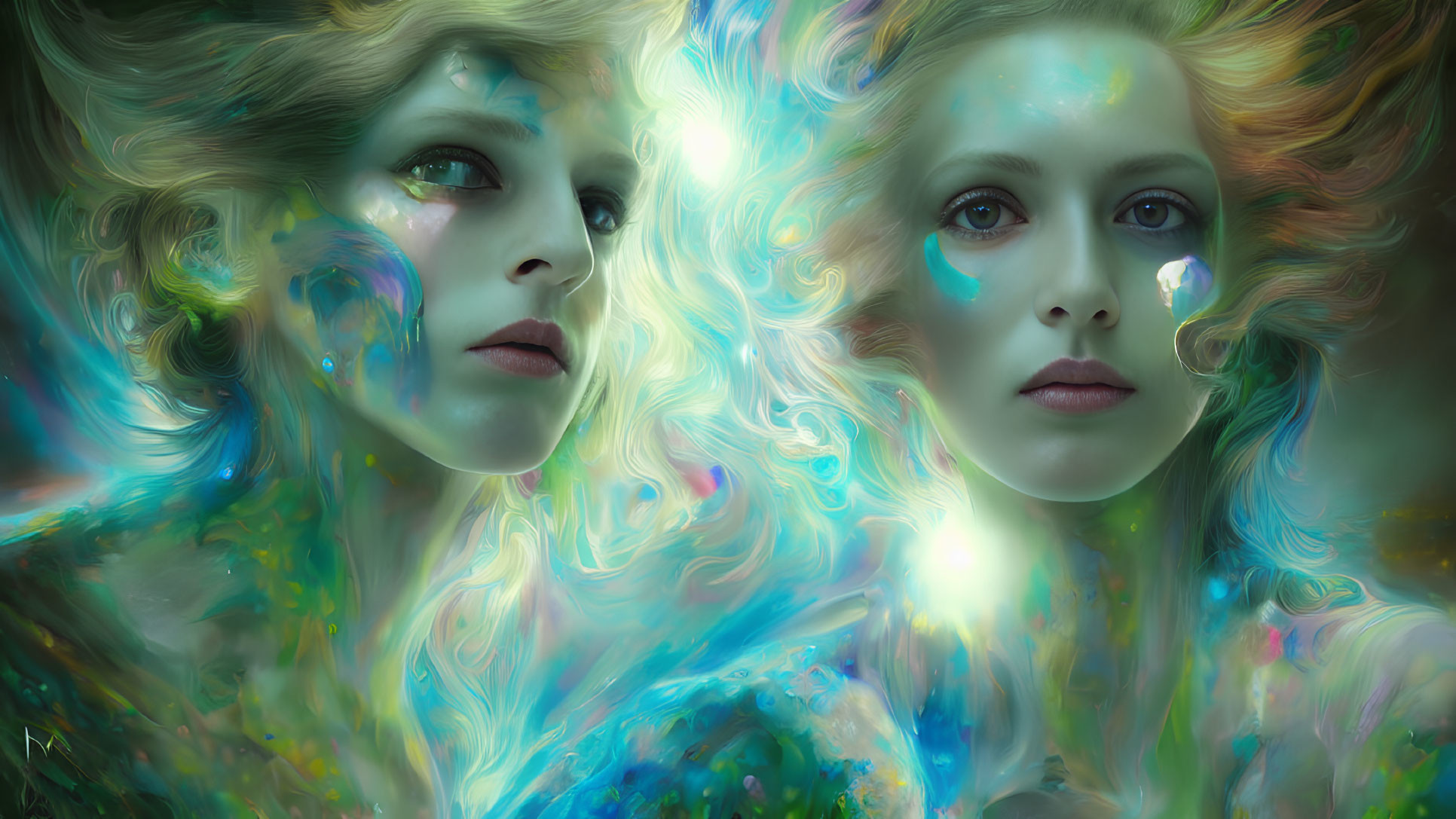 Two women with flowing hair and painted faces in dreamy setting