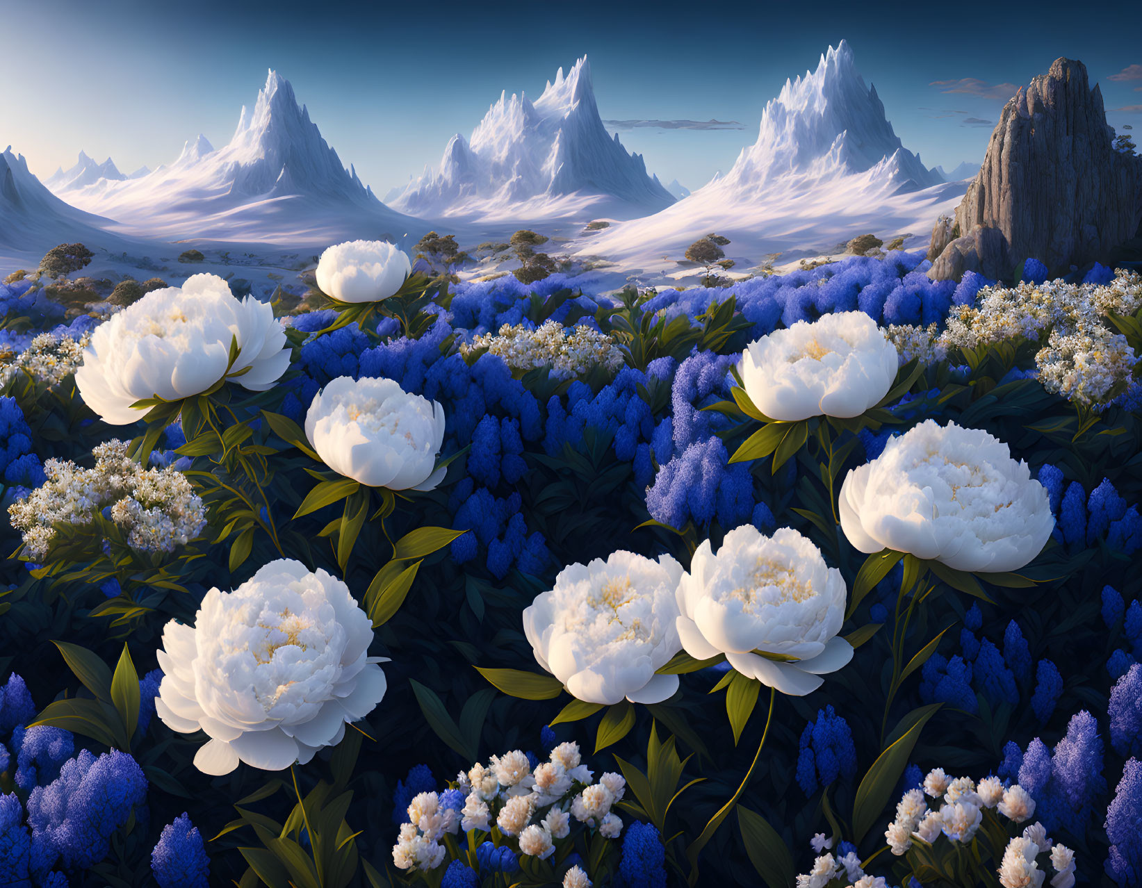 Scenic landscape with white peonies, blue flowers, and snow-capped mountains