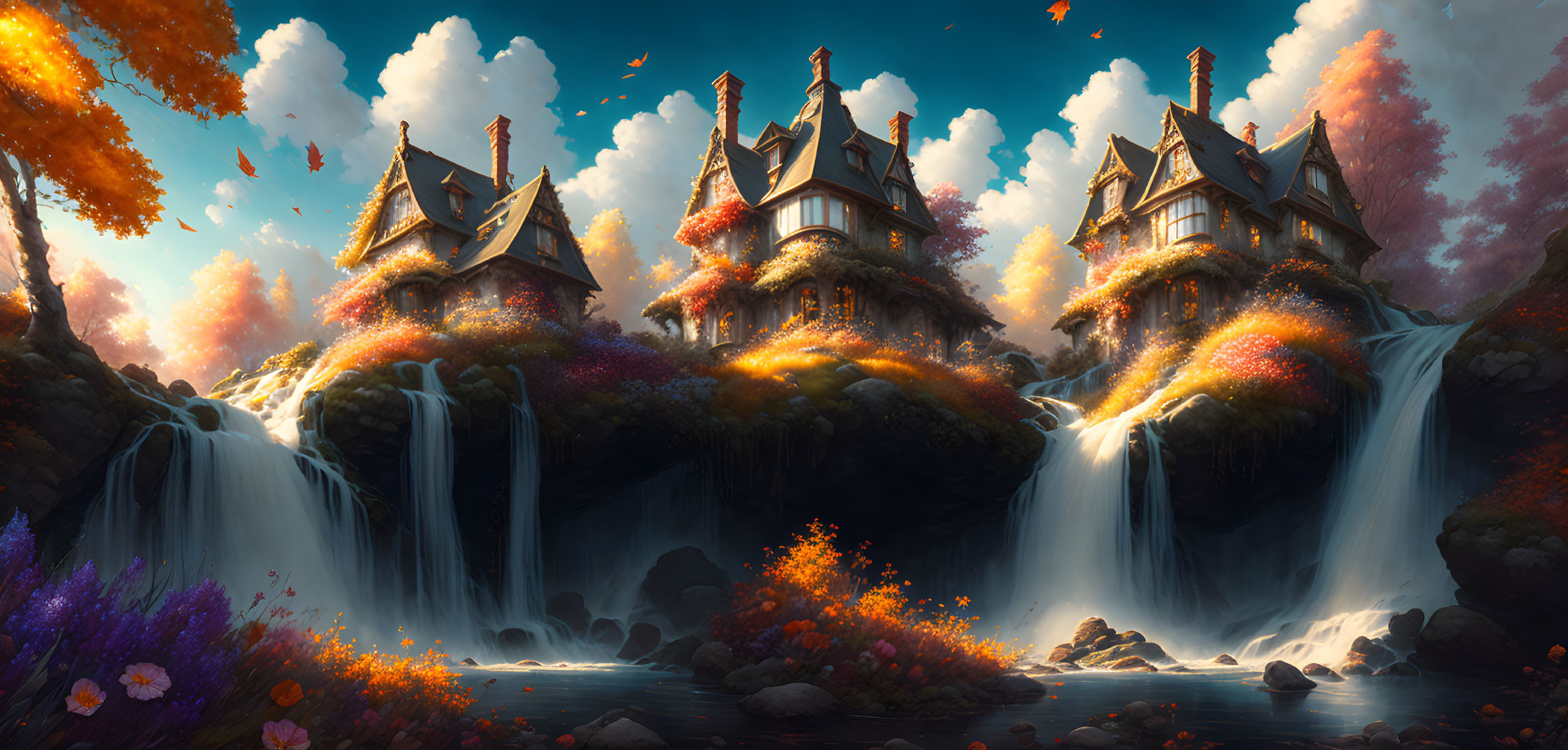 Majestic waterfalls in fantasy landscape with autumn foliage