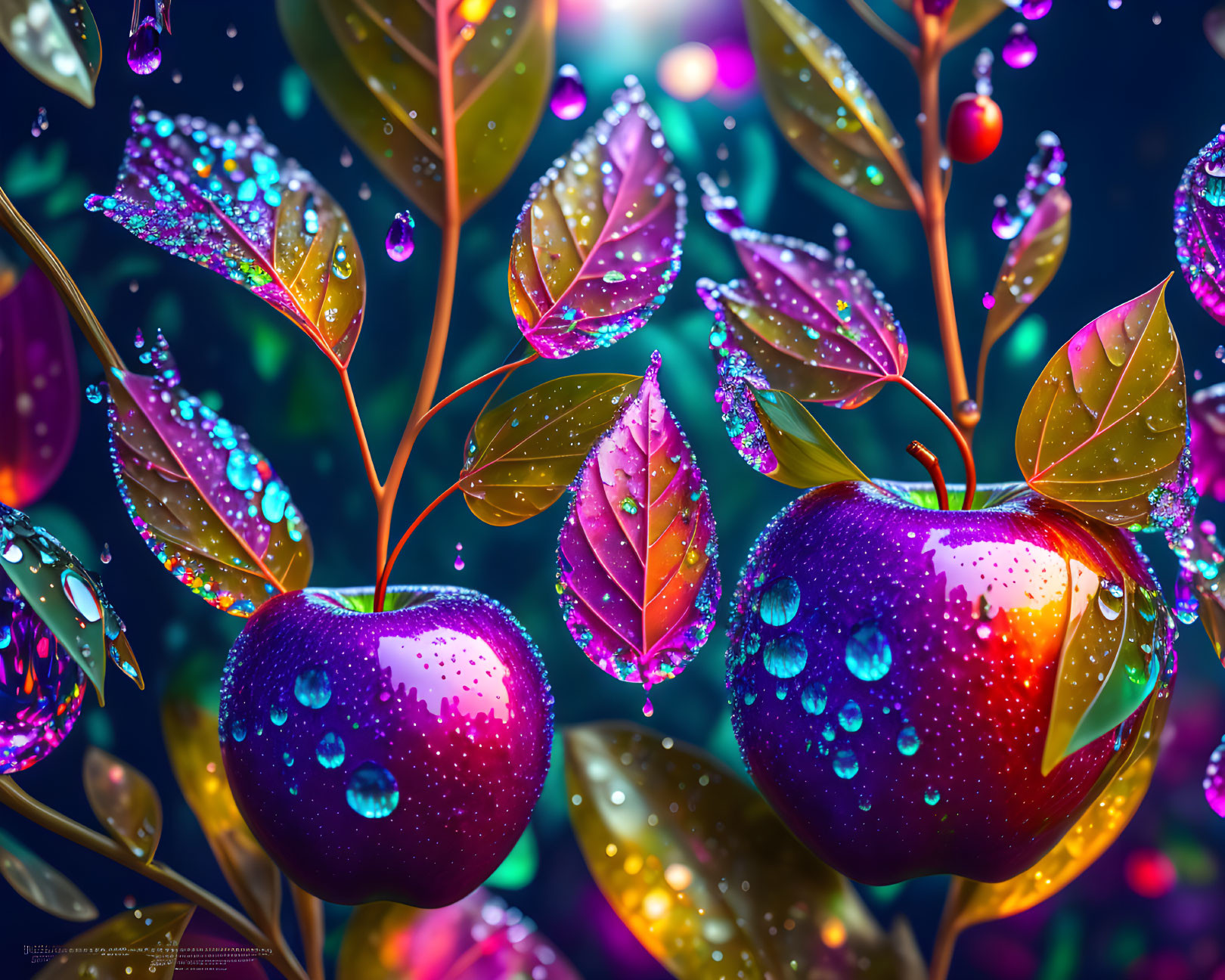 Colorful digital artwork of dew-covered apples and leaves with sparkling droplets and dreamy bokeh.