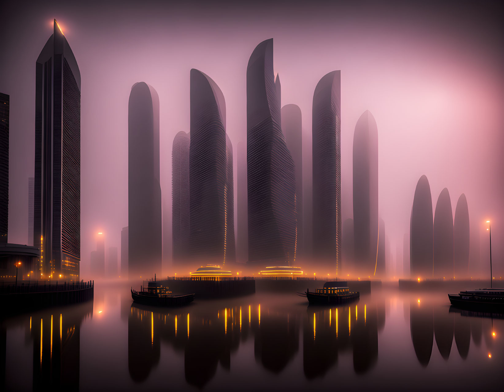 Twilight cityscape with foggy skyscrapers reflected in calm water