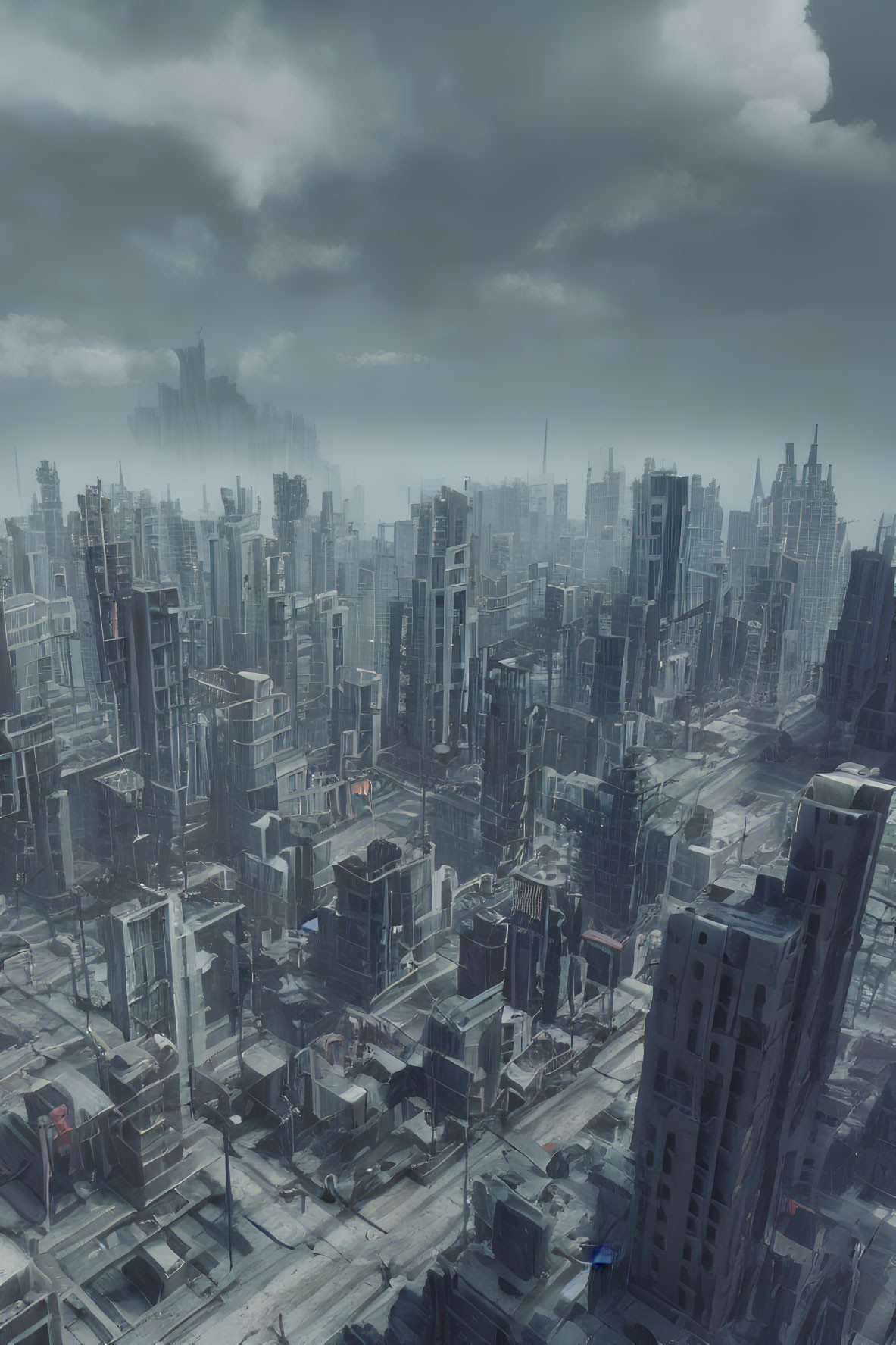 Dystopian high-rise cityscape under stormy sky