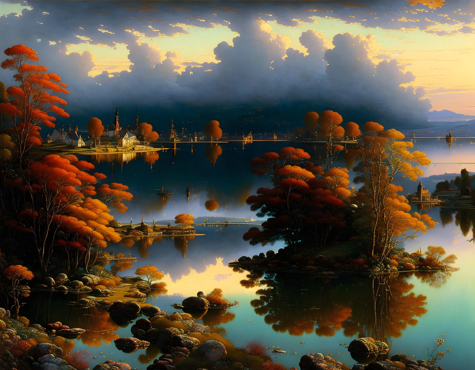 Tranquil autumn sunset scene with lake, trees, swans, cityscape, and dramatic clouds