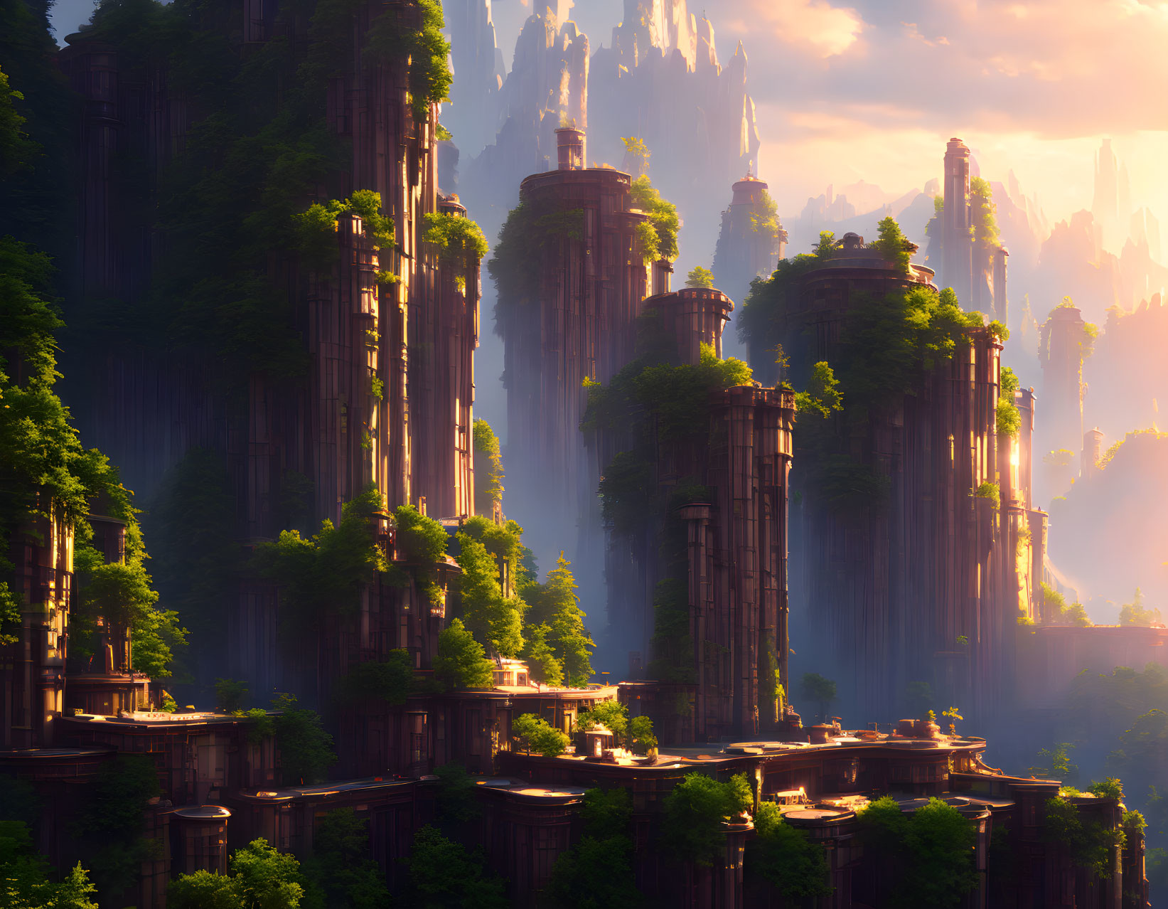 Mystical sunlit fantasy landscape with ancient stone structures amid lush forests