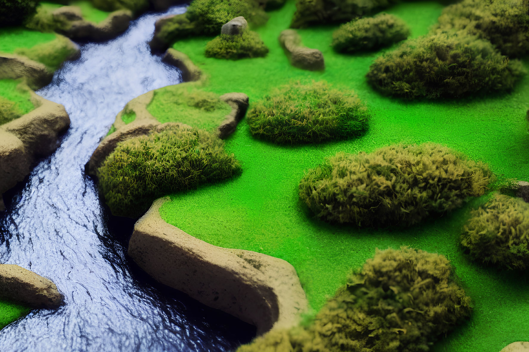 Miniature landscape featuring meandering blue river, lush green moss, and beige rock formations