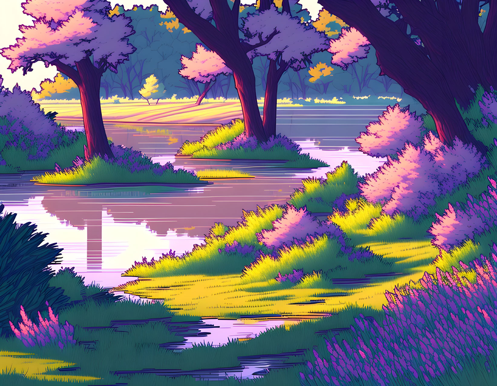 Colorful riverside scene with purple and pink trees and golden sunlight.