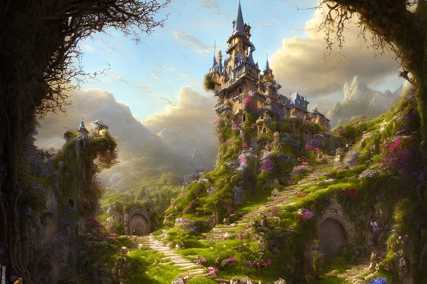 Majestic castle in lush fantasy landscape with cobblestone pathway