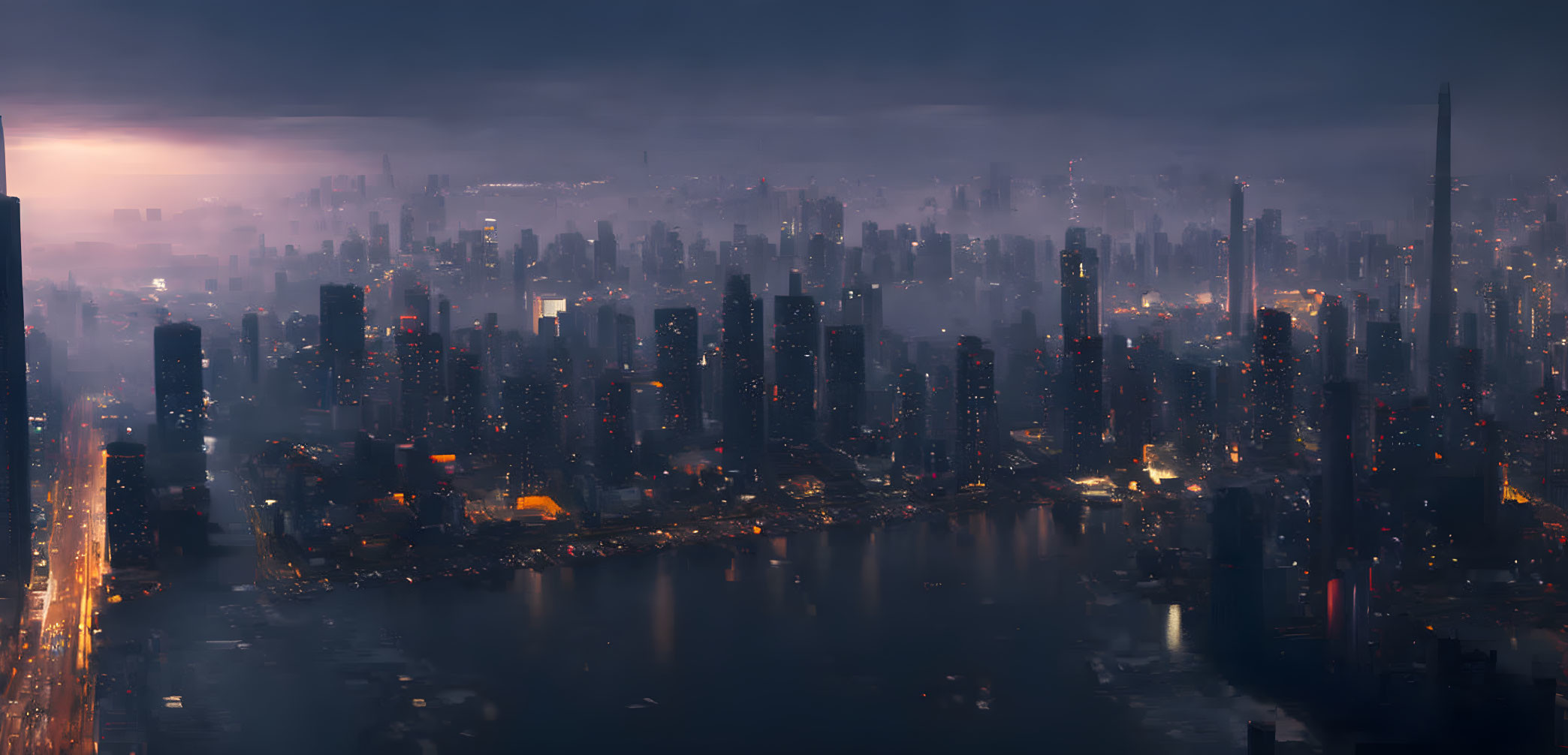 Dystopian cityscape at dusk with glowing skyscrapers by murky water