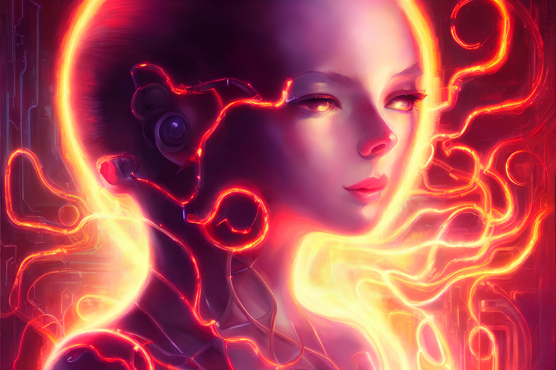 Cybernetic woman with glowing red neon contours on intricate skin patterns.