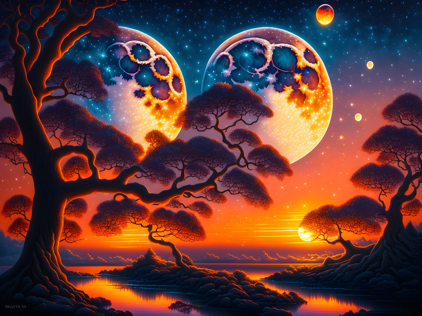 Fantasy landscape with large tree, twin moons, fiery horizon, and tranquil water.