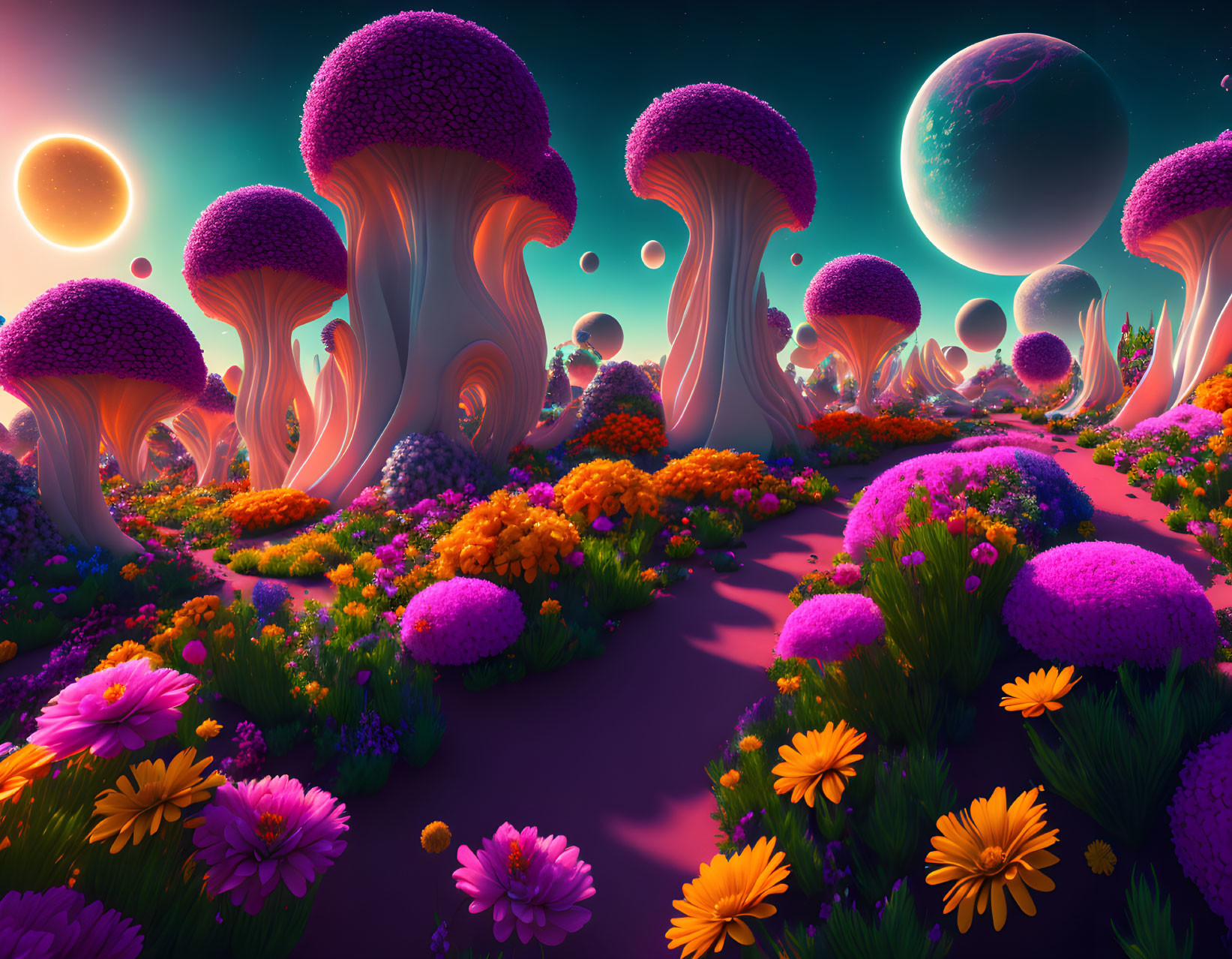 Colorful fantasy landscape with mushroom-like structures, vibrant flora, two moons, and bright sun