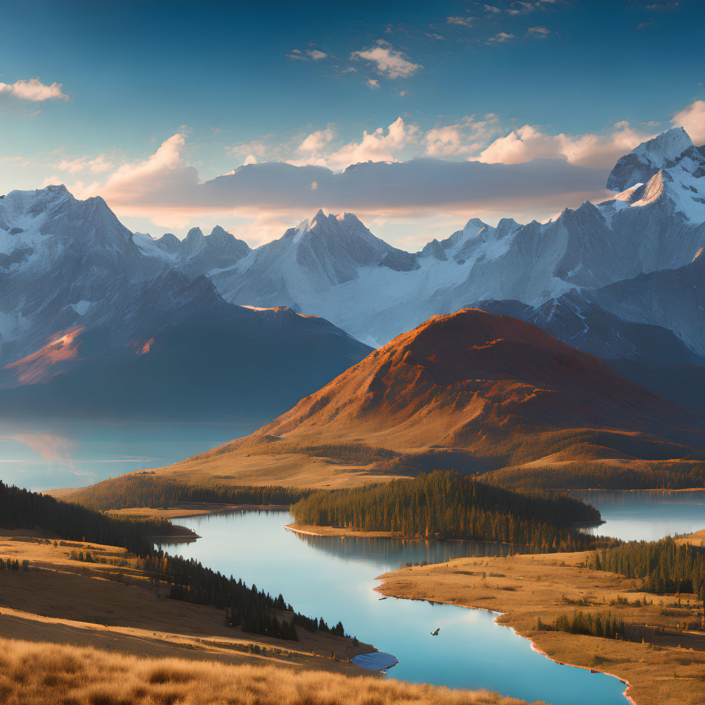 Golden Hill Sunrise Overlooking Snowy Mountains and Calm Lake
