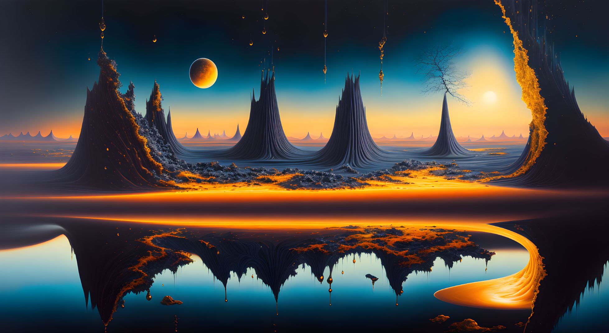 Surreal landscape with towering spires, reflective waters, large moon, golden hues, and liquid