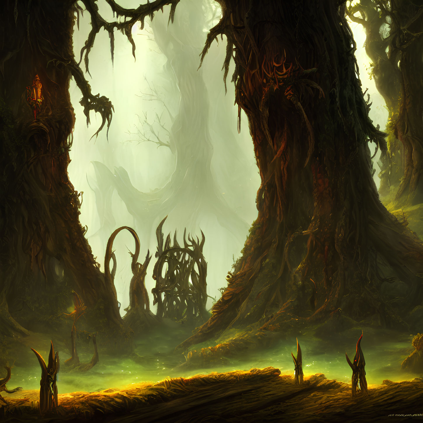 Mystical Forest with Twisted Trees and Glowing Markings